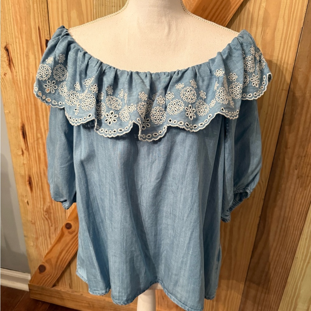 Time and Tru Light Blue Jean Off-the-Shoulder Ruffle Top Cowboy Chic